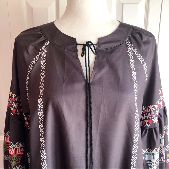 Misslook Gray Boho Print Long Sleeve Oversized Peasant Blouse - Picture 2 of 13
